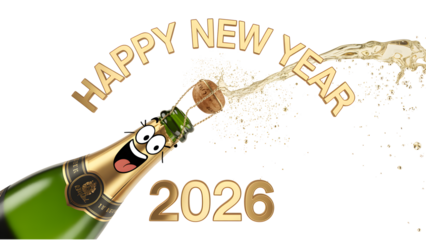 Happy new year 2026 with champagne isolated on transparent background isolated on transparent background