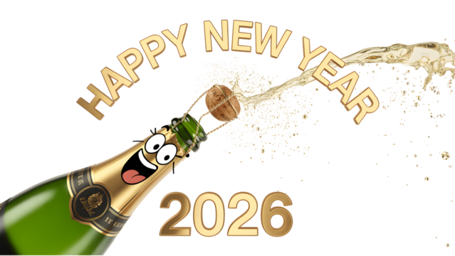 Happy new year 2026 with champagne isolated on transparent background isolated on transparent background
