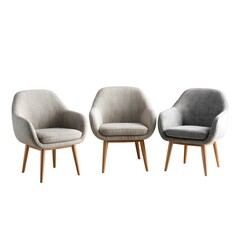 Three modern upholstered armchairs with wooden legs against a white background