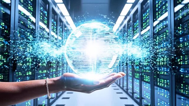 Hand holding a digital globe in a server room, symbolizing global data and technology - Powered by Adobe