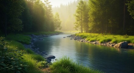 Tranquil river flows through a lush green forest nature scenery in the summertime sunshine