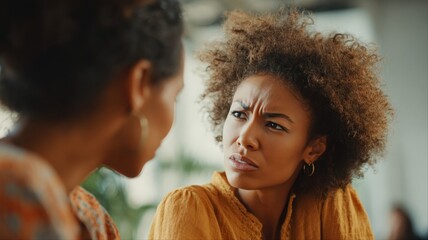 Two women in a tense moment as one shares upsetting news that frustrates the other