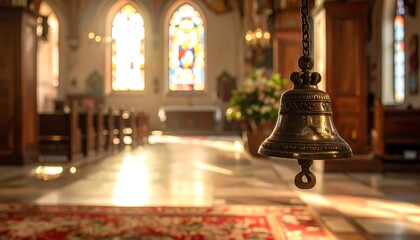 Interior view of a church with a hanging bell and light streaming through stained glass windows, creating a serene scene