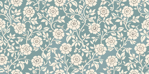 Floral pattern with blooming flowers and leaves on a blue background