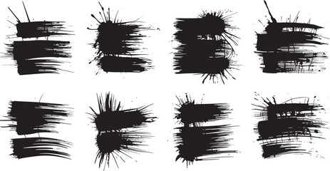 Set of eight black ink splatter brush strokes on white background