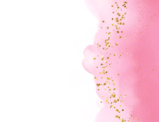 Soft pink watercolor wash with scattered golden glitter accents isolated on transparent background