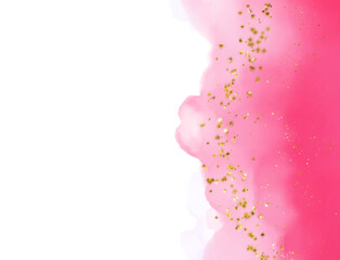 Abstract pink watercolor splash with gold glitter accents isolated on transparent background