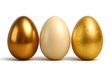 Golden eggs and white egg displayed together isolated on transaprent background representing wealth and investment concepts