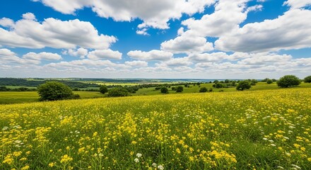 Sunny skies over a vibrant yellow rapeseed field with green rolling hills landscape