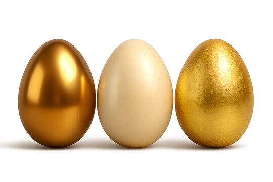 Golden eggs and white egg displayed together isolated on transaprent background representing wealth and investment concepts