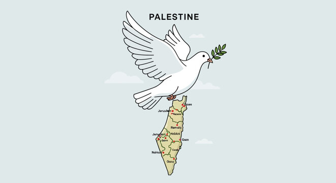 Illustrated Map of Palestine with Dove and Olive Branch Symbolizing Peace and Regional Identity
