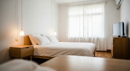 Brightly lit modern bedroom interior design featuring a comfortable bed and minimalist style