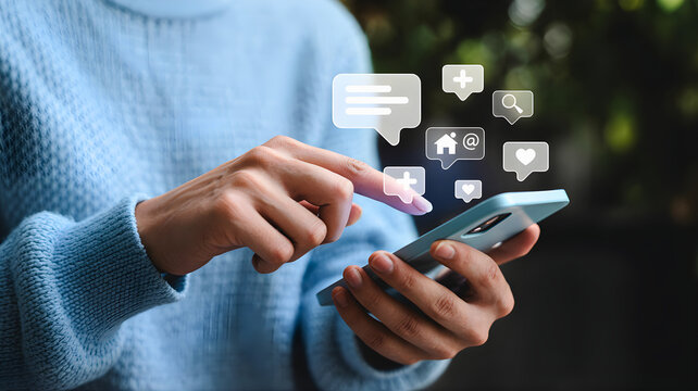 A person's hands interacting with a smartphone, engaging with floating social media notification icons for likes, comments, and follows