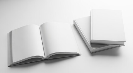 An open book with blank pages next to a stack of books mockup template for design