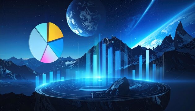 A futuristic landscape featuring a glowing data visualization set against a cosmic backdrop of planets and mountains.