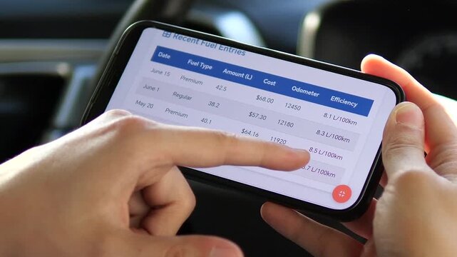 Closeup of a mans hands in a parked car using a dedicated expense tracker to analyze daily fuel costs and consumption statistics. This clip is perfect for content about vehicle ownership costs