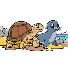 Cute Cartoon Tortoise and Seal Friends Sitting on Rocky Beach. Happy Reptile and Marine Mammal Character near Ocean for Kids Design Vector Illustration.