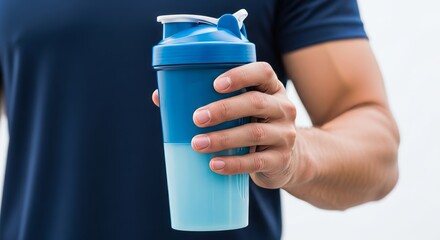 Man holding blue protein shake in shaker bottle for fitness nutrition supplement drink