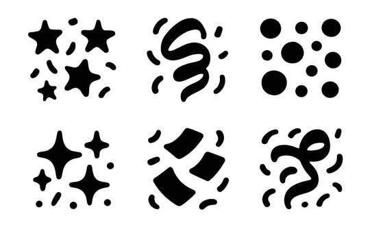 Festive Icon Confetti. Joyful Confetti silhouette icon set. star sprinkles, curling ribbon, polka dots, glitter spark, falling papers, festive twirl