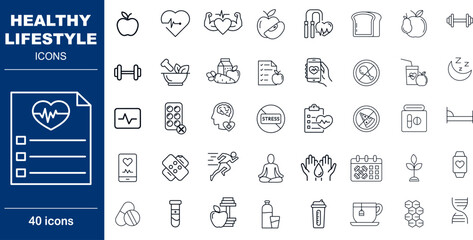 Healthy Lifestyle and Wellness Vector Icons. Set of 40 editable stroke symbols for fitness, nutrition, and mental health. Includes ECG, dumbbell, apple, and meditation