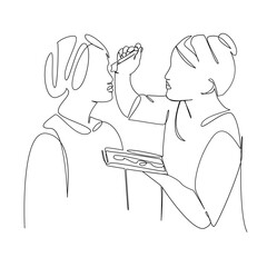 One continuous single drawing line art flat doodle make-up, face, girl, artist, cosmetic, beauty, eye, make up. Isolated image hand draw contour on a white background, hand drawn, not AI