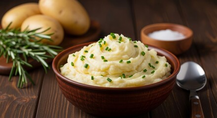 Bowl of creamy mashed potatoes garnished with chives alongside salt and rosemary sprigs