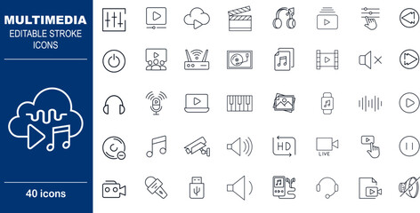 Multimedia and Audio Video Playback Vector Icons. Set of 40 editable stroke symbols for media players, streaming, and editing. Includes play, pause, volume, and cloud storage