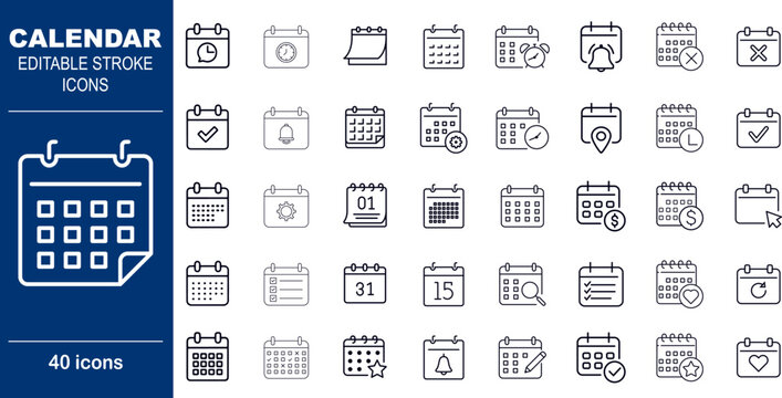 Calendar and Time Management Vector Icons. Set of 40 editable stroke symbols for scheduling, events, and reminders. Includes dates, alarms, and recurring events