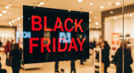 Red black friday advertising sign in a retail store window announcing the sale event