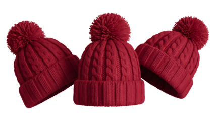 Three red knitted hats with pompoms, isolated on transparent background isolated on transparent background