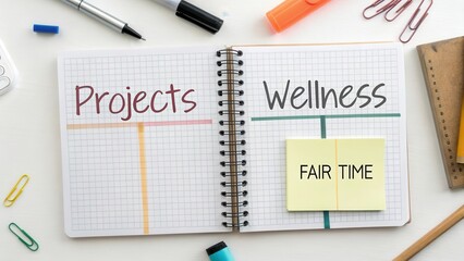 Open notebook with projects and wellness chart for daily planning
