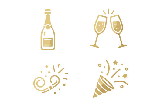 Elegant New Year Icons. Set of icons celebrating the New Year with elegance: a golden champagne bottle, a pair of clinking glasses, a party horn, and a confetti. Vector illustration