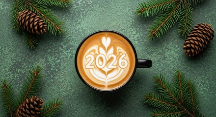 Festive 2026 coffee art celebration with pine cones and evergreen branches flat lay design