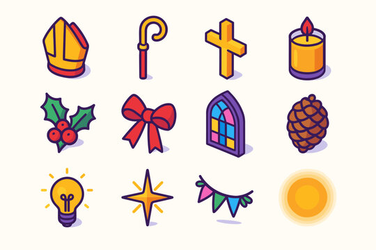 Colorful Holiday Icons. Episcopal Holiday Icons flat icons set. bishop mitre, crozier staff, gold cross, candle jar, holly sprig, ribbon bow, church window, pinecone, glowing light