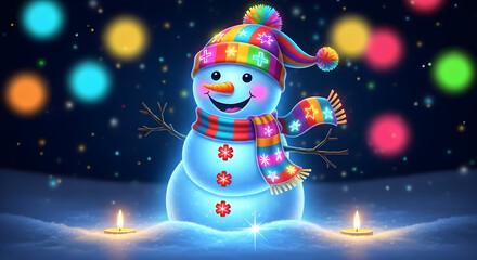 Cute Neon Snowman with Glowing Hat Christmas Winter Night