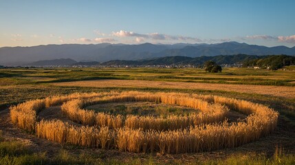 kyushu. Barley ears and sweet potatoes arranged in a circle before a golden hour countryside. menu design, packaging mockups, designed for food delivery and cloud-kitchen brand materials.