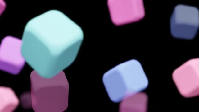 Abstract 3D illustration of soft pastel-colored cubes floating and falling in dynamic motion against a solid black background
