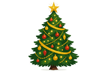 Classic Christmas Tree. Illustration of a classic Christmas tree topped with a sparkling star, adorned with lights, tinsel, and ornaments. The tree stands tall and. Vector illustration