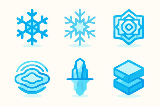 Frozen Geometry Icons. Frozen Geometry flat icons set. hexagonal flake, ice fractal, geometric pattern, frozen ripple, mirrored reflection, chilled tone