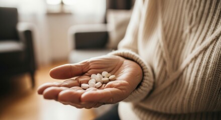 Senior woman holds white pills medication vitamins supplement medicine health prescription cure