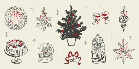 Whimsical party doodles featuring festive dinner table with Christmas tree and star, wine glasses, wreath with bow and holiday decorations in Crayon sketch style. Vector illustration