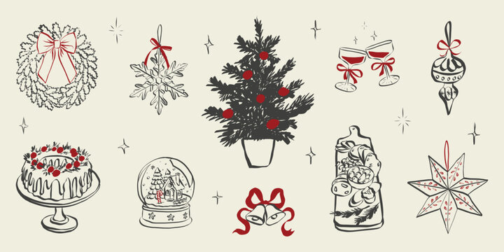Whimsical party doodles featuring festive dinner table with Christmas tree and star, wine glasses, wreath with bow and holiday decorations in Crayon sketch style. Vector illustration