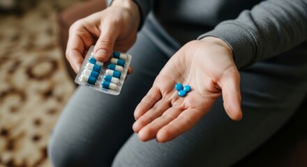 Person holding prescription medication blue white pills capsule treatment sickness healthcare