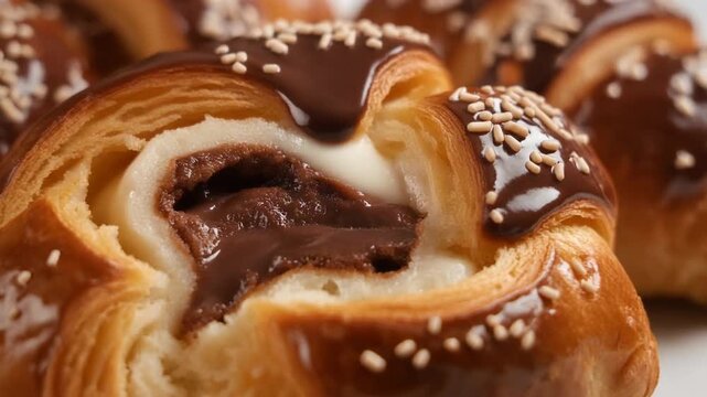 Chocolate pastry close up creamy filling sesame seeds delicious treat sweet indulgence high quality professional