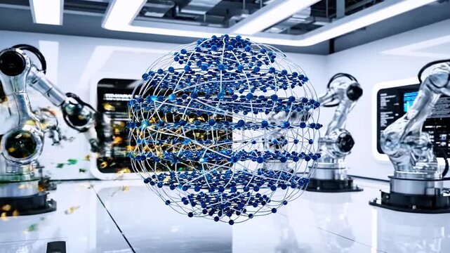 Futuristic laboratory with robot arms, a network sphere, and glowing orbs
