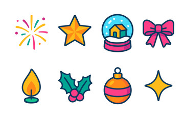 Vibrant Seasonal Icons. Seasonal Glow flat icons set. fireworks burst, Christmas star, snow globe, ribbon, candle flame, holly leaf, ornament, shimmer
