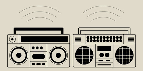 Retro boombox and cassette player illustration with sound waves