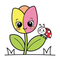 Cute Cartoon Tulip Flower Character with Smiling Face and Ladybug. Happy Spring Garden Nature Scene with Insect Friend for Kids Design Vector Illustration.