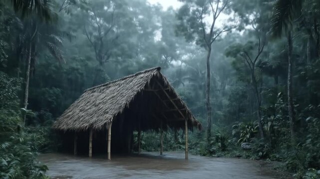 A thatched roof shelter stands in a flooded clearing amidst lush, misty rainforest