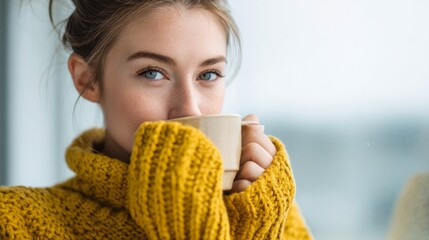 Naklejka premium Beautiful young woman with striking blue eyes is enjoying a warm drink. Dressed in a cozy yellow sweater, she sits in a bright, inviting cafe, relishing the peaceful atmosphere and her beverage